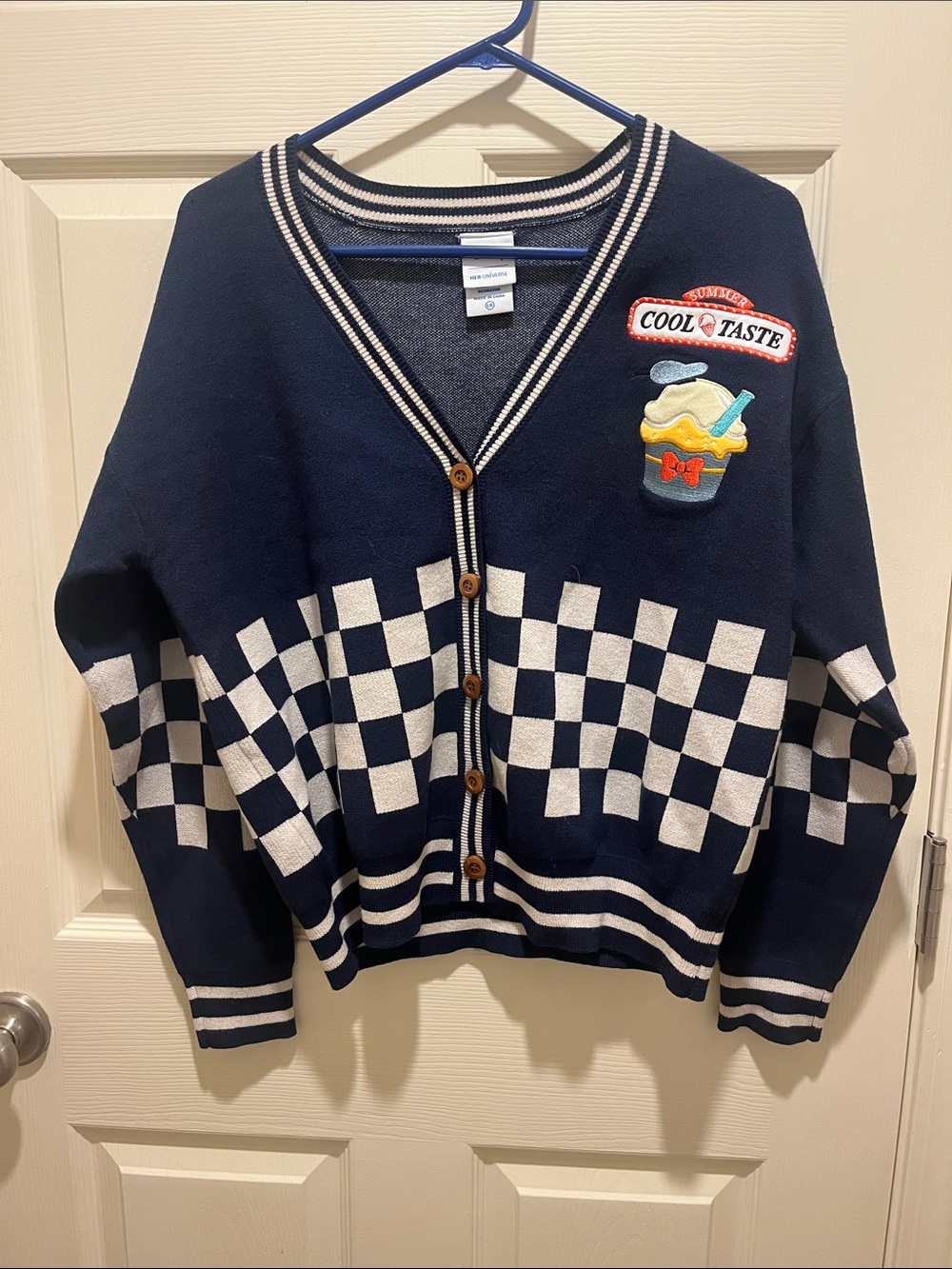 Her Universe Navy and White Checkered Cardigan with 'Cool Taste' Patch